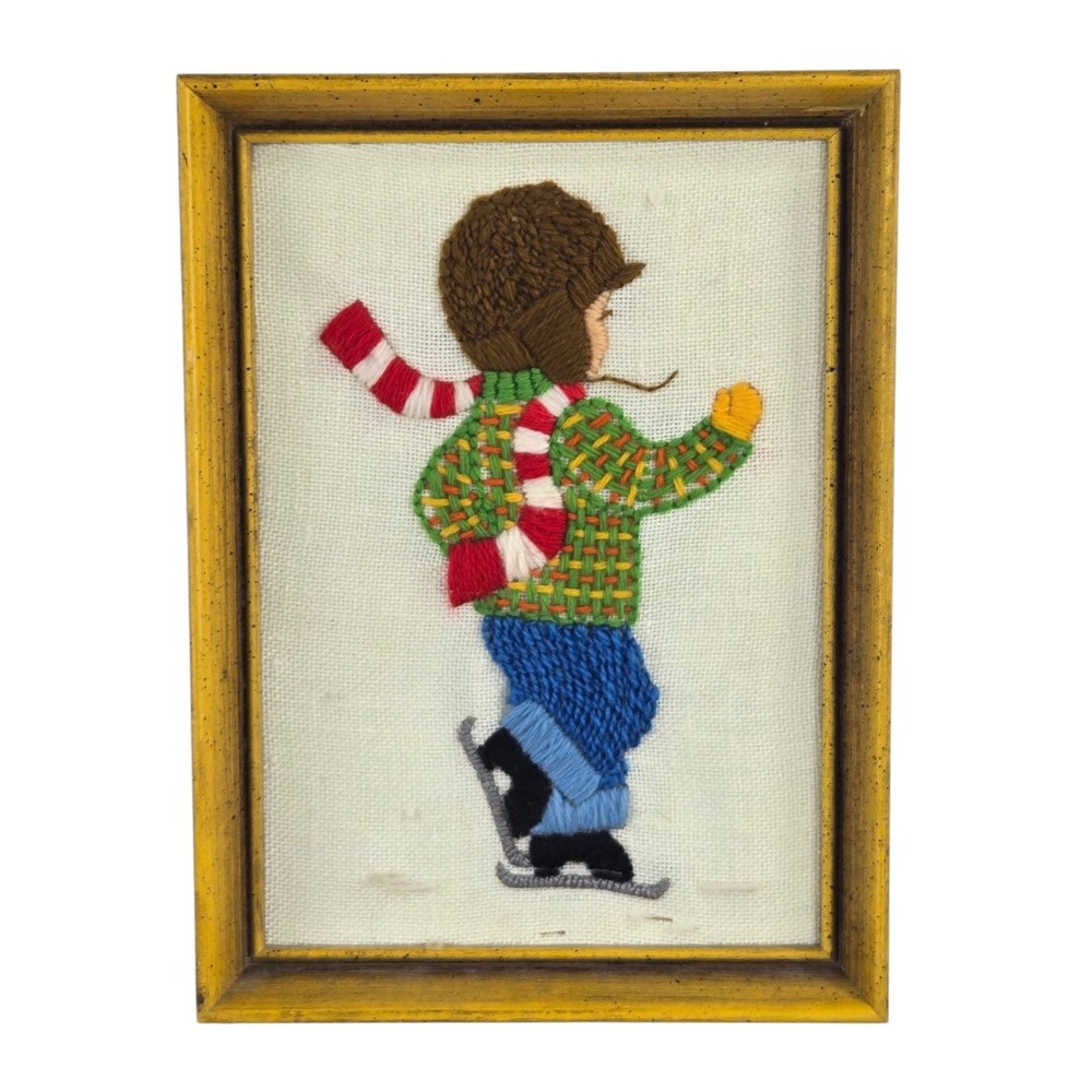 Vtg 1974 Framed Jiffy Stitchery Completed Art Crewel Embroidered Skatin Easy 622